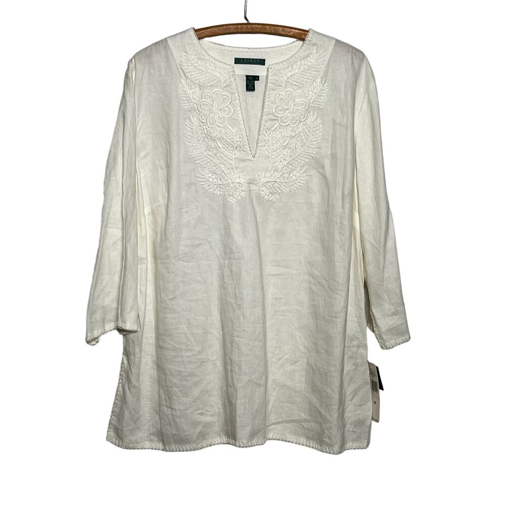 NWT Lauren Ralph Lauren cream/white linen embroidered tunic 2X